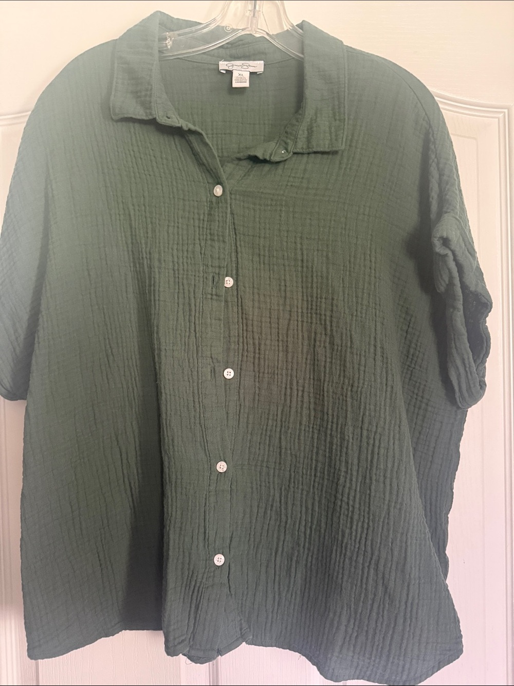 Jessica Simpson Relaxed Cotton Gauze Button-Up Shirt - Olive Green XL
